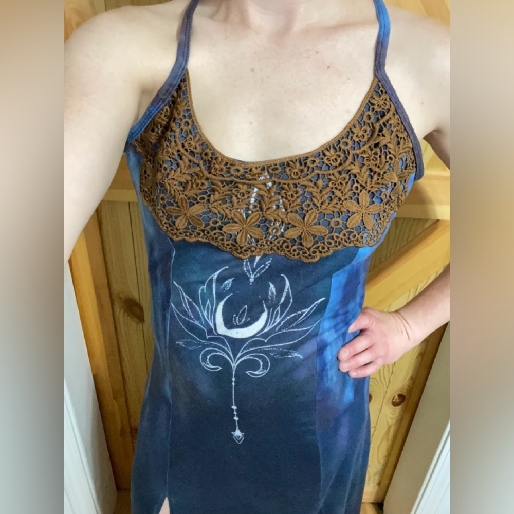 💖 NWOT Mystical Moon Bohemian Soft Maxi Dress w Lace Detail Blue Size Medium